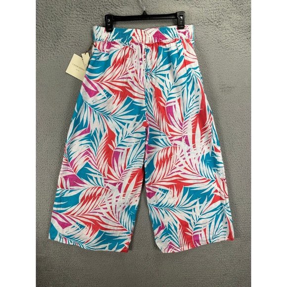 Cynthia Rowley Pants Womens Large Blue‎ Tropical 100% Linen Wide-Leg Hi-Rise NEW - Picture 2 of 10